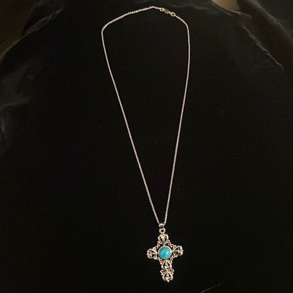 Sterling Silver (.925) Cross with Kingman Turquoise - Picture 1 of 5